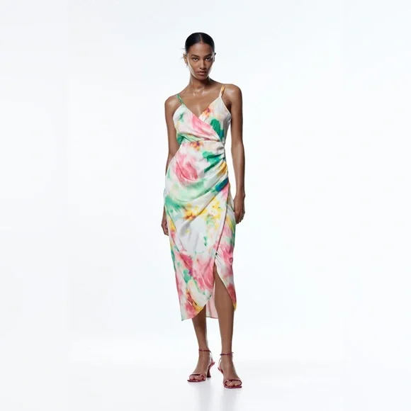 satin effect print dress ZARA WOMAN FW24 GREEN/BLUE FLORAL SATIN EFFECT MIDI DRESS 9965/281 NWT S,M,L